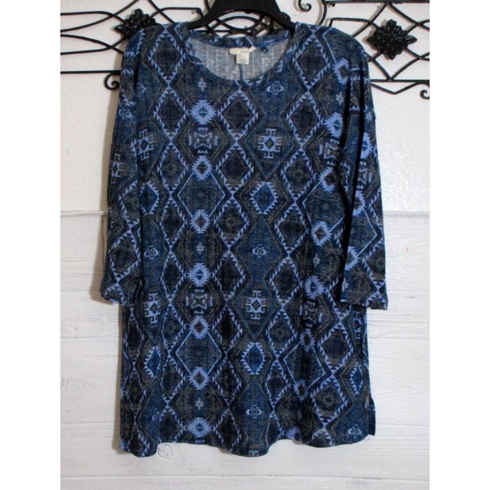 Tru Self Women's Knit Tunic Top Size L Blue Geometric Long Sleeve